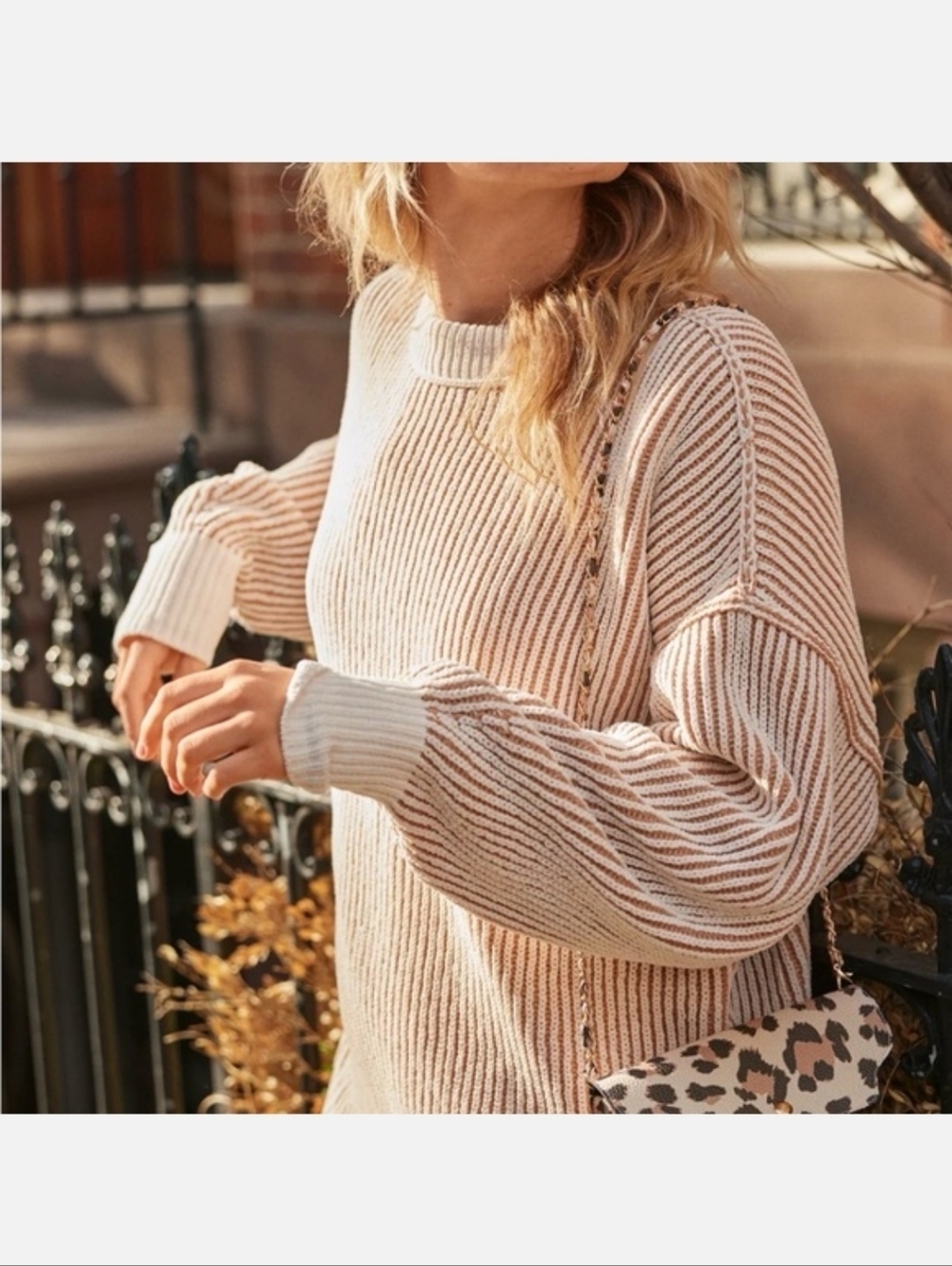 Aerie Beyond Chenille Womens Two Toned Tan Cream Knit Crewneck Sweater Size S